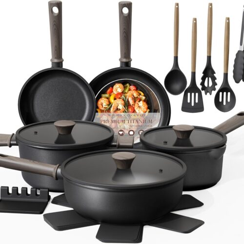 Astercook 19 Pcs Pots and Pans Set Non Stick, Black Titanium Induction Kitchen Cookware Sets, Non toxic Healthy Non Stick Kitchen Cooking Set with Frying Pans Set, PFAS PTFE PFOA PFOS Free