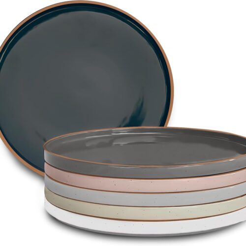 Mora Ceramic Flat Dinner Plates Set of 6, 10.5 in High Edge Dish Set - Microwave, Oven, and Dishwasher Safe, Scratch Resistant, Modern Dinnerware- Kitchen Porcelain Serving Dishes - Assorted Neutrals